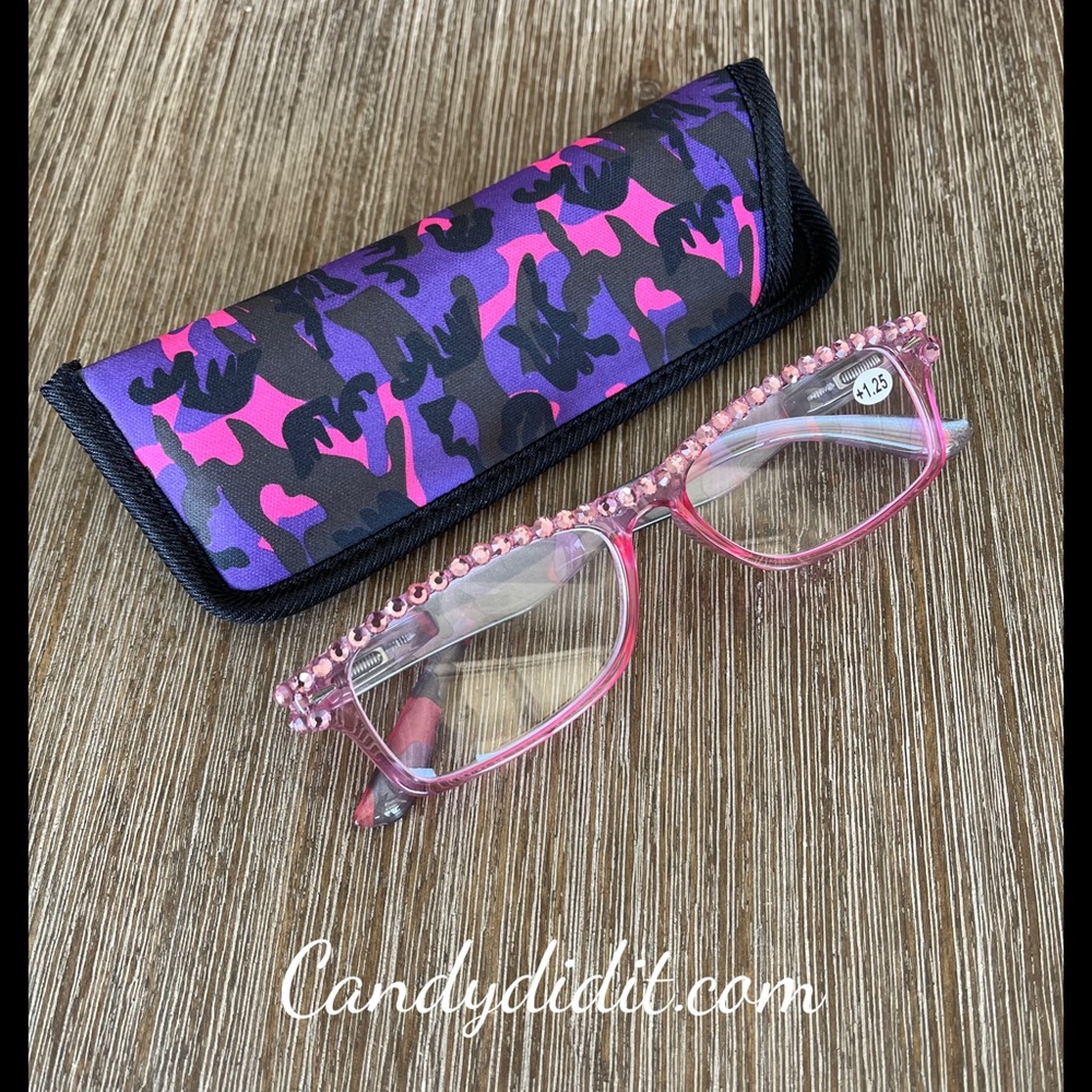 Translucent Pink Camo W/Orange Crystals Bling Reader Glasses With Case